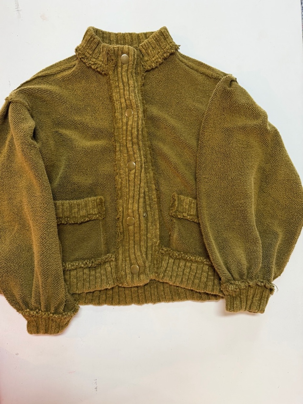We The Free Olive Green Button-Up, Ballon sleeved Knit Cardigan